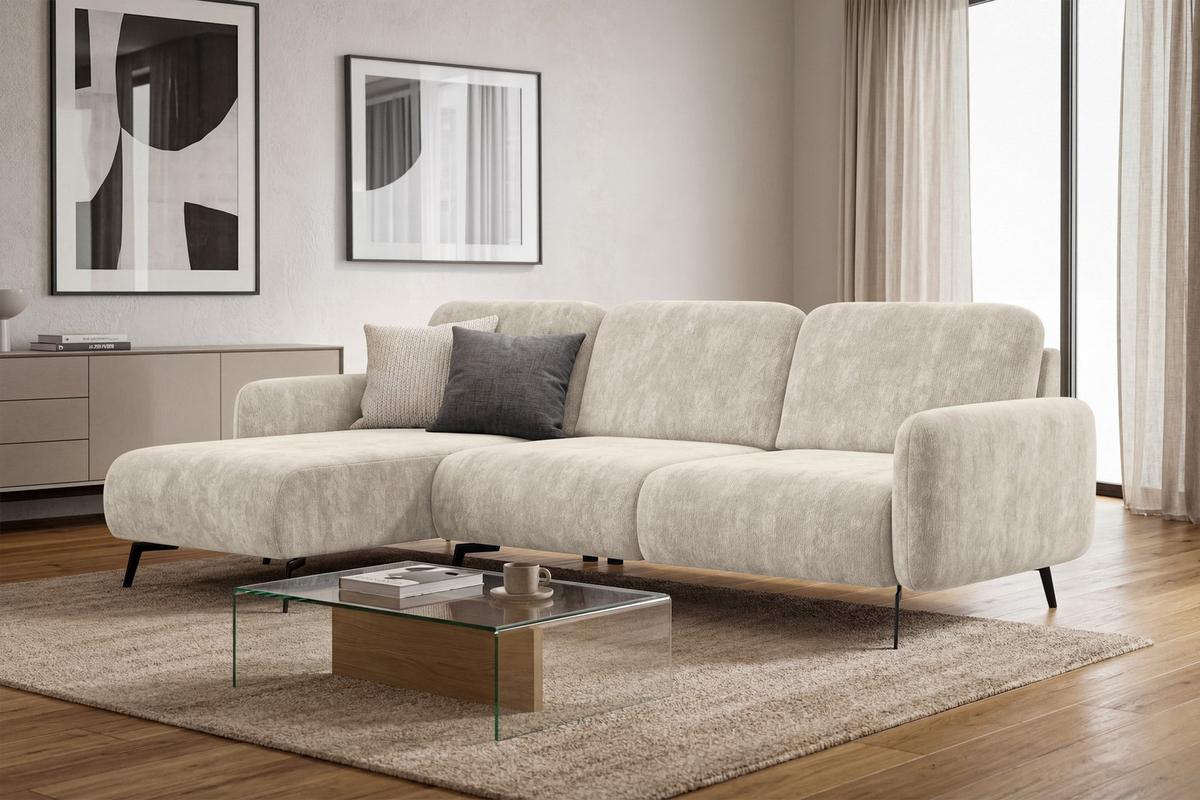 ECKSOFA FEBE 4-Sitzer LINKS, cremefarbener Chenille-Stoff - Creme/Schwarz, Holz/Textil (264/157cm) - Wozimo
