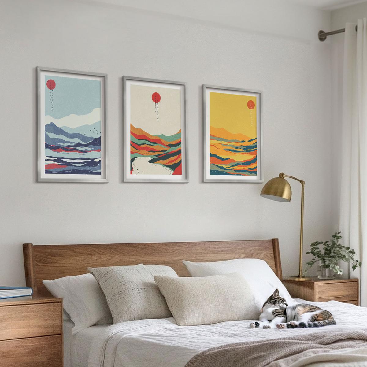 BILDER SET 3er Set - 40x60 cm Silberner Rahmen - Abstraktion von farbenfrohen Bergen und Flüssen - Silberfarben, Kunststoff (40/60cm) - TULUP