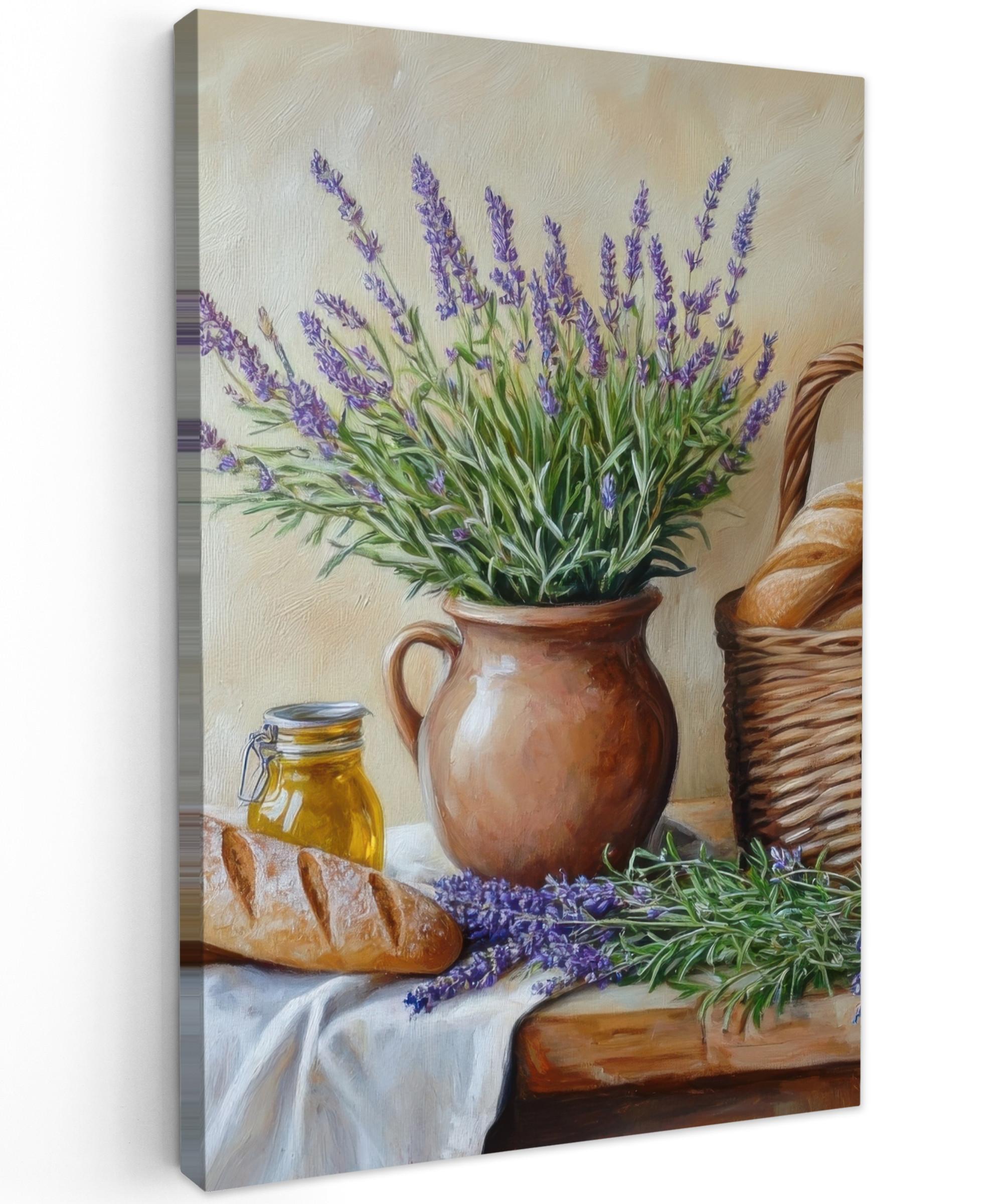 LEINWANDBILD Lavendel - Brot - Stilleben Deko XXL 80x120 cm - Flieder, Textil (80/120cm) - MuchoWow