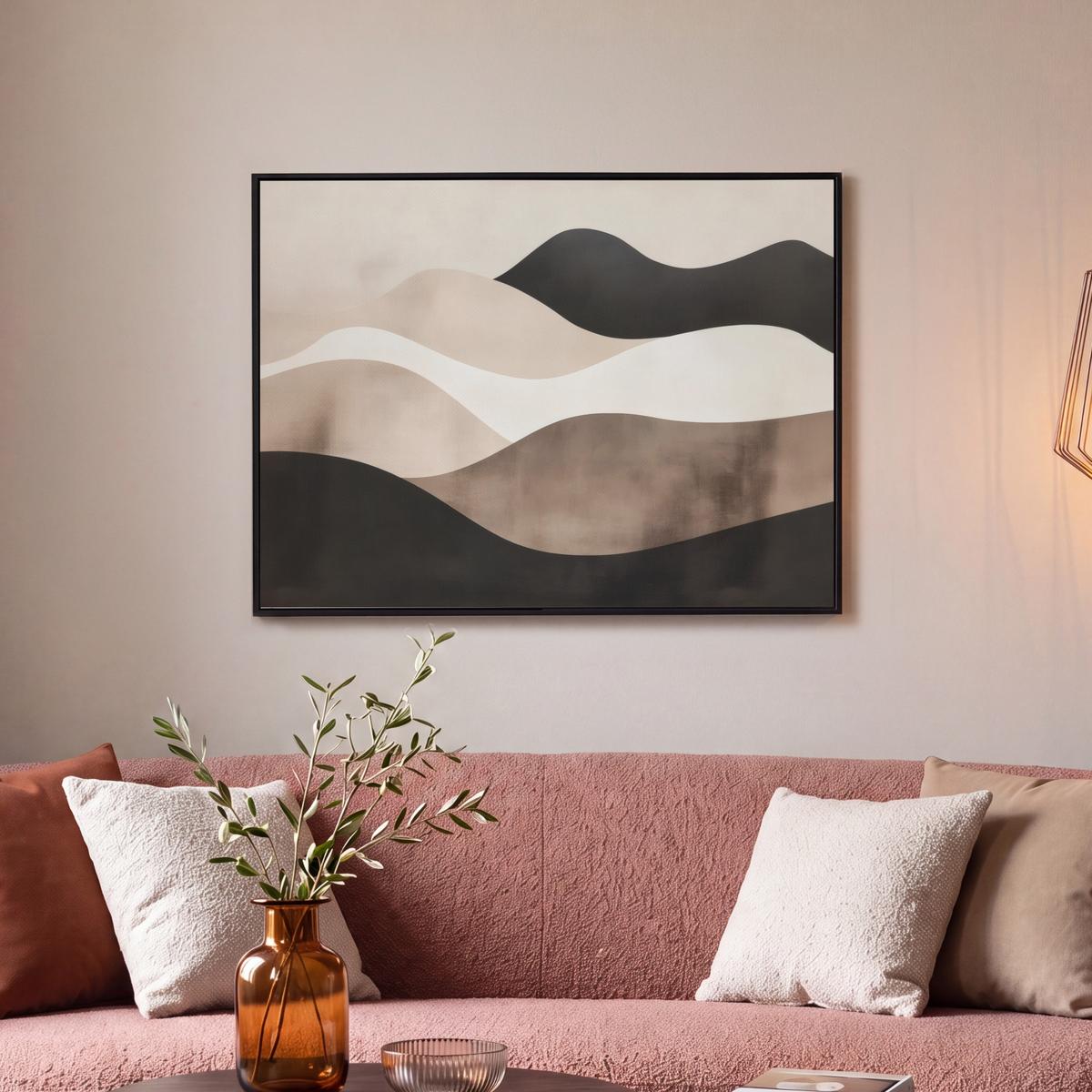 LEINWAND Bilder mit Rahmen - Abstrakt - Landschaft - Wellen - Cremefarben - 80x60 - Cappuccino, Textil (80/60cm) - MuchoWow