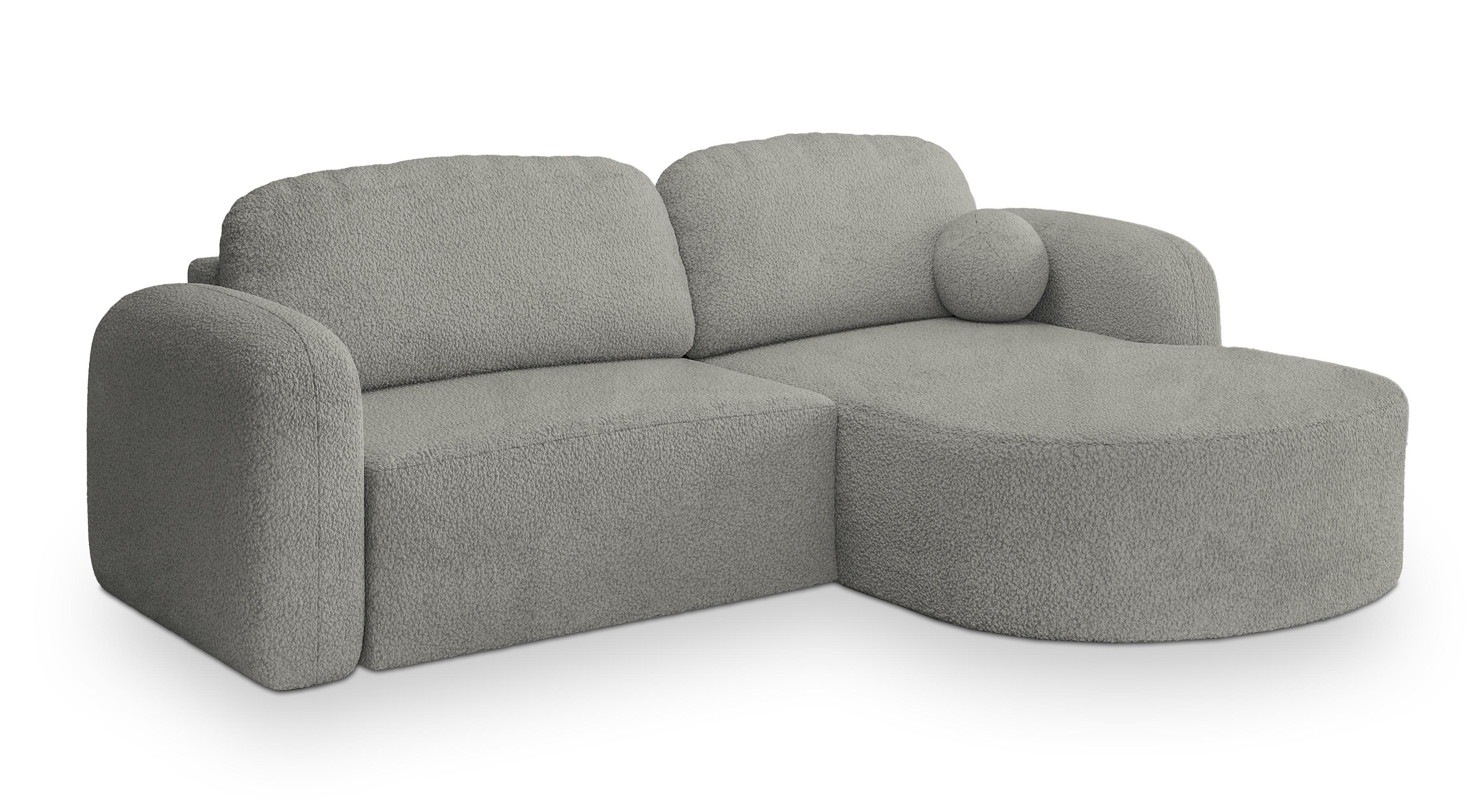 ECKSOFA AMILIA R-S Hellgrau Boucle-Stoff mit Schlaffunktion - Hellgrau, Holz (263/174cm) - MASSENO