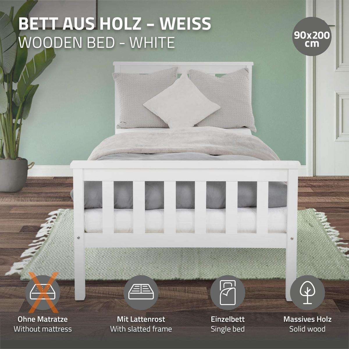 HOLZBETT 90x200 cm Weiß aus Kiefernholz mit Lattenrost - Weiß, Holz (90/200cm) - ML-DESIGN