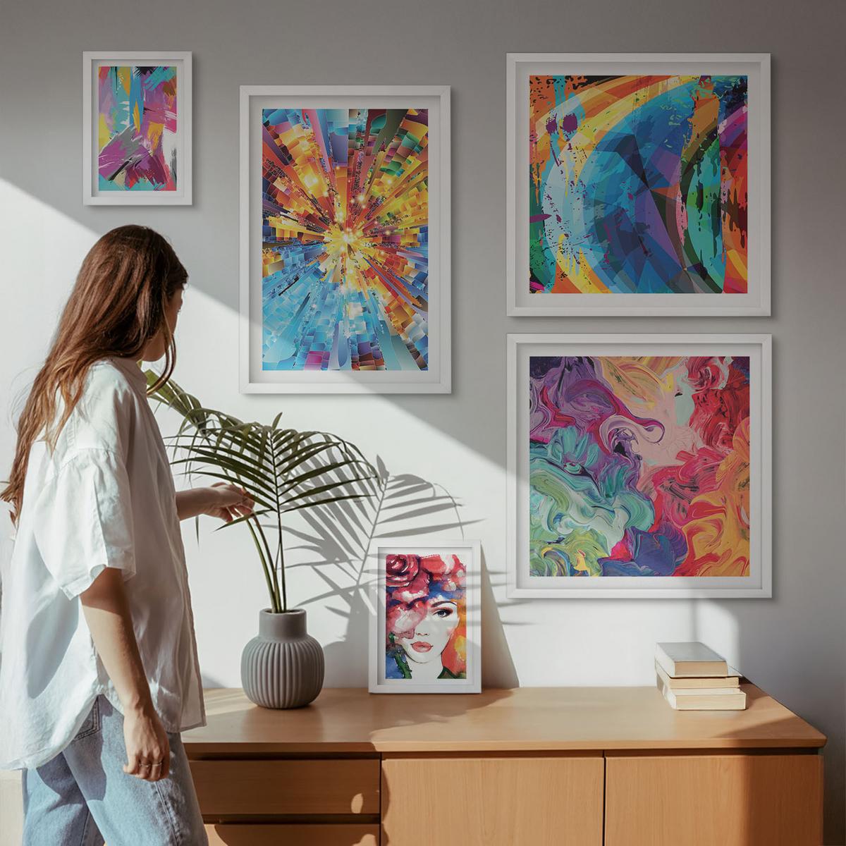 BILDER SET 5er Set - 50x50 cm & 20x30 cm & 40x60 cm Weißer Rahmen - Minimalistische Boho-Illustrationen - Weiß, Kunststoff (40/60cm) - TULUP