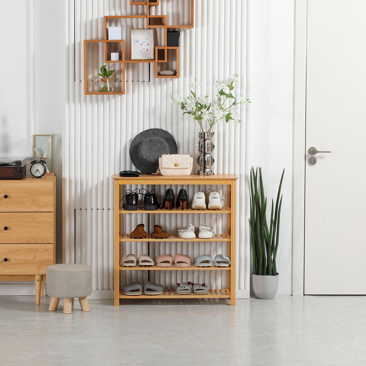 SCHUHREGAL, Schuhständer mit 5 Ebenen, Schuh-Organizer für max. 20 Paar Schuhe - Naturfarben, Holz (29/82/80cm) - HOMCOM