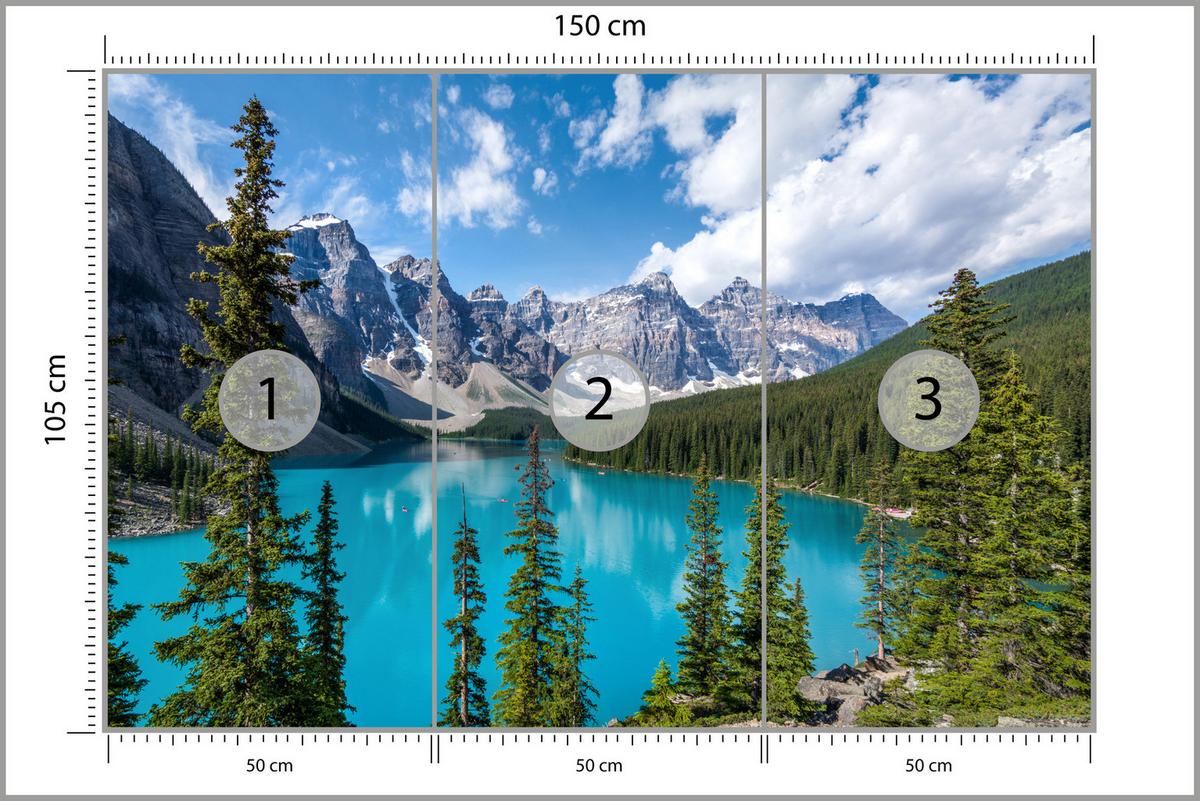 FOTOTAPETE See Berge Wald Landschaft 3D 150x105 - Türkis/Blau, Papier (150/105cm) - Muralo