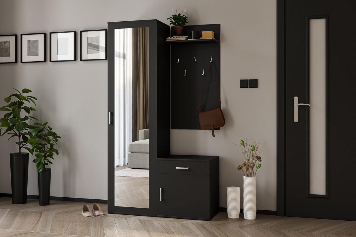 GARDEROBE Talia mit Spiegel, universell montierbar, 100/180/35 cm Schwarz - Schwarz, Holzwerkstoff (100/180.5/35cm) - WFL GROUP