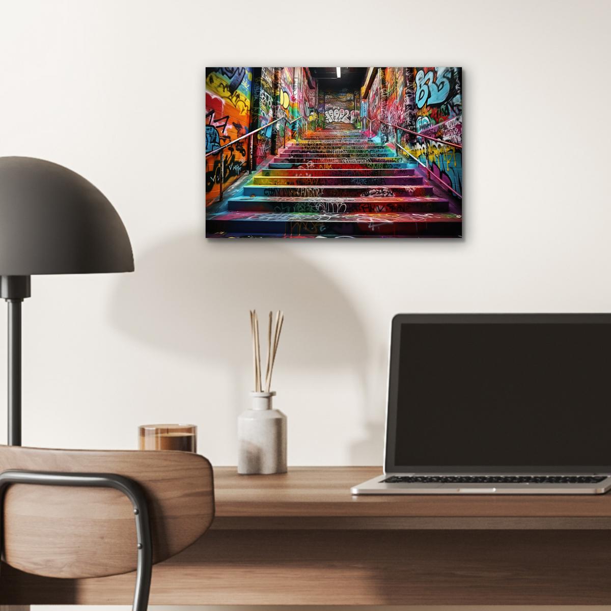 METALLBILD Treppe - Graffiti - Farben - Kunst 30x20 cm - Multicolor, Metall (30/20cm) - MuchoWow