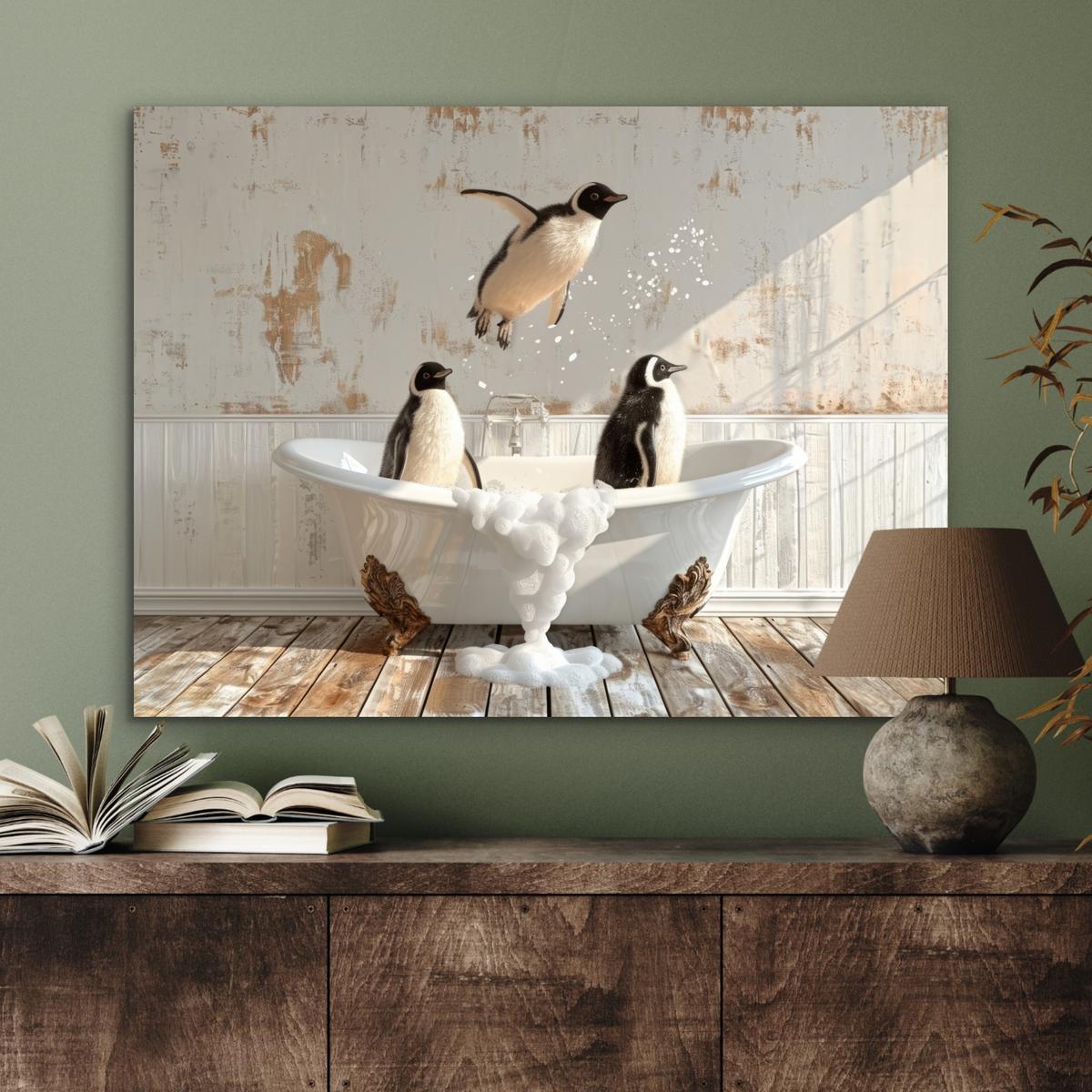 METALLBILD Vintage - Pinguin - Badewanne - Schaumstoff 80x60 cm - Schwarz, Metall (80/60cm) - MuchoWow