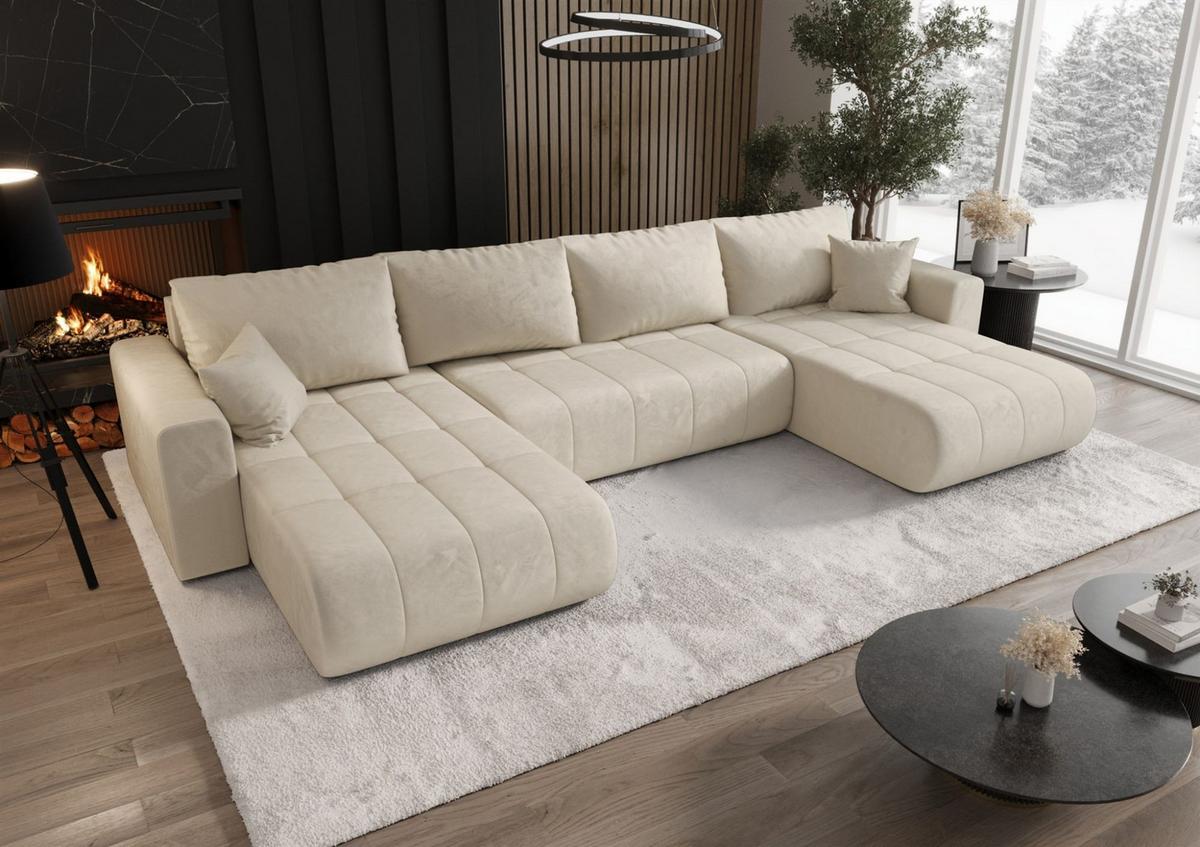 WOHNLANDSCHAFT Camila In Monolith - Creme, Holzwerkstoff/Textil (384/85/175cm) - Fun Möbel