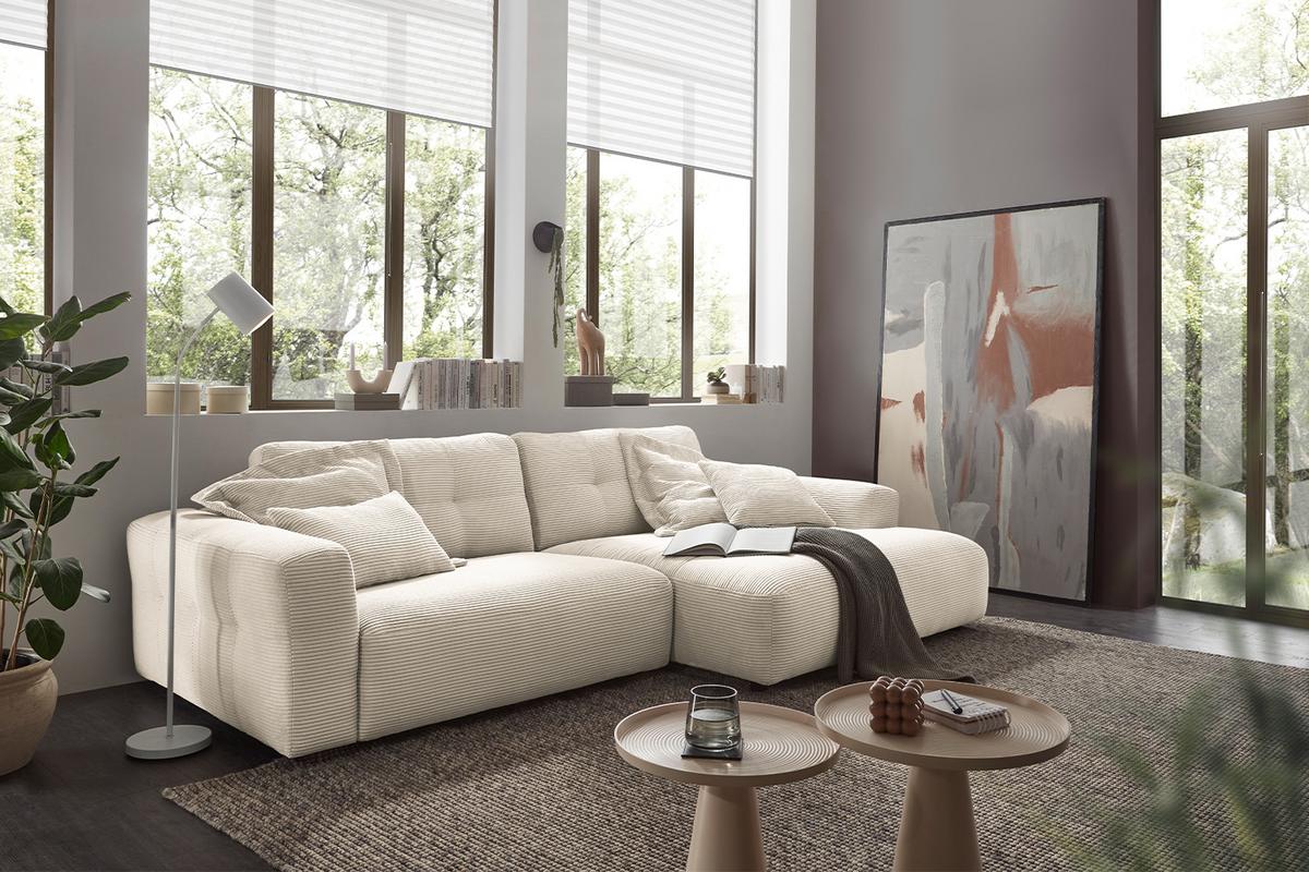 ECKSOFA XL MIKA Cremeweiß Cord - Creme/Schwarz, Kunststoff/Textil (296/167cm) - KAWOLA