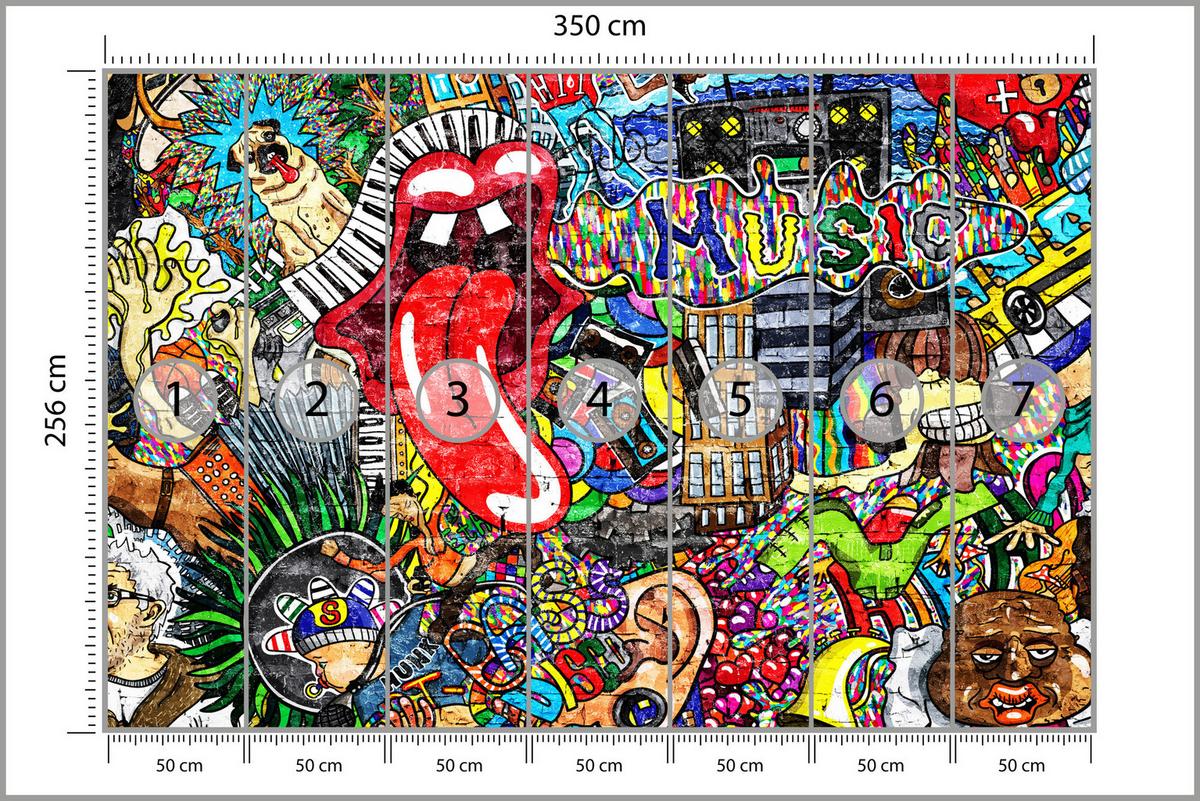 FOTOTAPETE für Jugendzimmer GRAFFITI Musik Abstrakt Farben 350x256 - Blau/Gelb, Papier (350/256cm) - Muralo