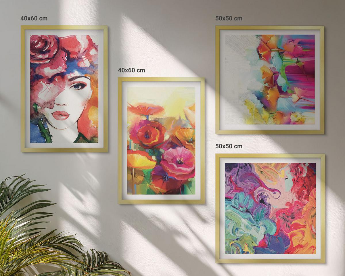 BILDER SET 4er Set - 50x50 cm & 40x60 cm Goldrahmen - Porträt von Blumen in intensiven Farben - Goldfarben, Kunststoff (50/50cm) - TULUP