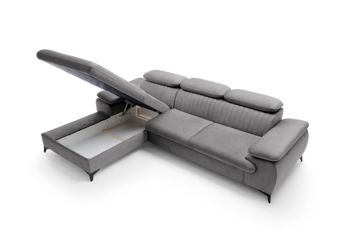 ECKSOFA FIORE Grau Velours-Stoff mit Schlaffunktion - Grau, Holz (280/193cm) - MASSENO