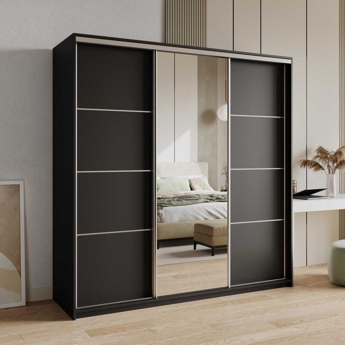 SCHWEBETÜRENSCHRANK VARO 180/205/60 cm 3-türig mit Spiegel und Schubladen Schwarz - Schwarz/Nickelfarben, Holzwerkstoff (180/205/60cm) - MASSENO