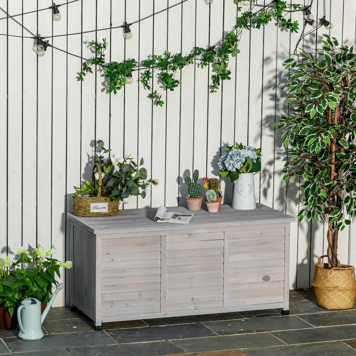 GARTENBOX Kissenbox Aufbewahrungsbox Gartentruhe, wetterbeständig, Massivholz, Grau - Hellgrau, Holz (56/60/127cm) - Outsunny