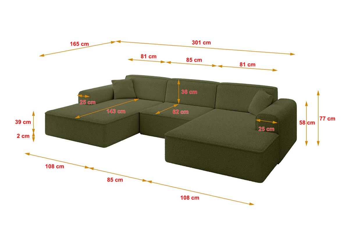 WOHNLANDSCHAFT IREA-U1-v3 - 301x165x77 cm Grün - Platinfarben, Holzwerkstoff/Textil (301/77/165cm) - ALTDECOR