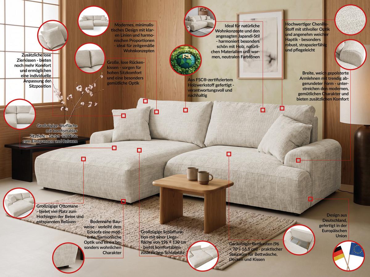 ECKSOFA Melvano mit Schlaffunktion und Bettkasten im Japandi-Stil aus weichem Beige Chenille-Stoff - Creme/Schwarz, Holz/Kunststoff (145/240cm) - S-Style
