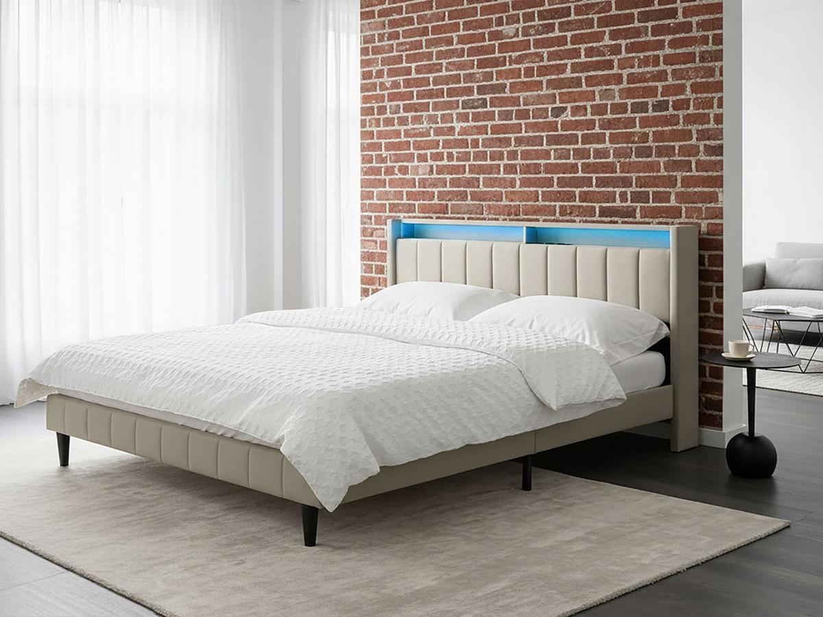 BETT mit LED 180/200 cm Stoff Hellbeige Beaulieu - Beige, Textil (180/200cm) - Beliani