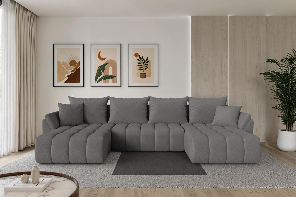 WOHNLANDSCHAFT mit Schlaffunktion und Bettkasten TOKO-U-v1 378x194x86 Grau Bouclé - Schieferfarben/Schwarz, Holzwerkstoff/Kunststoff (378/86/194cm) - ALTDECOR