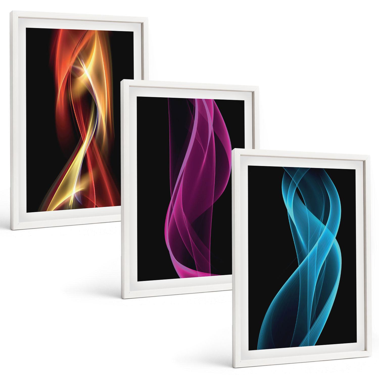 BILDER SET 3er Set - 40x60 cm Weißer Rahmen - Neonwellenlinien auf dunklem Hintergrund - Weiß, Kunststoff (40/60cm) - TULUP