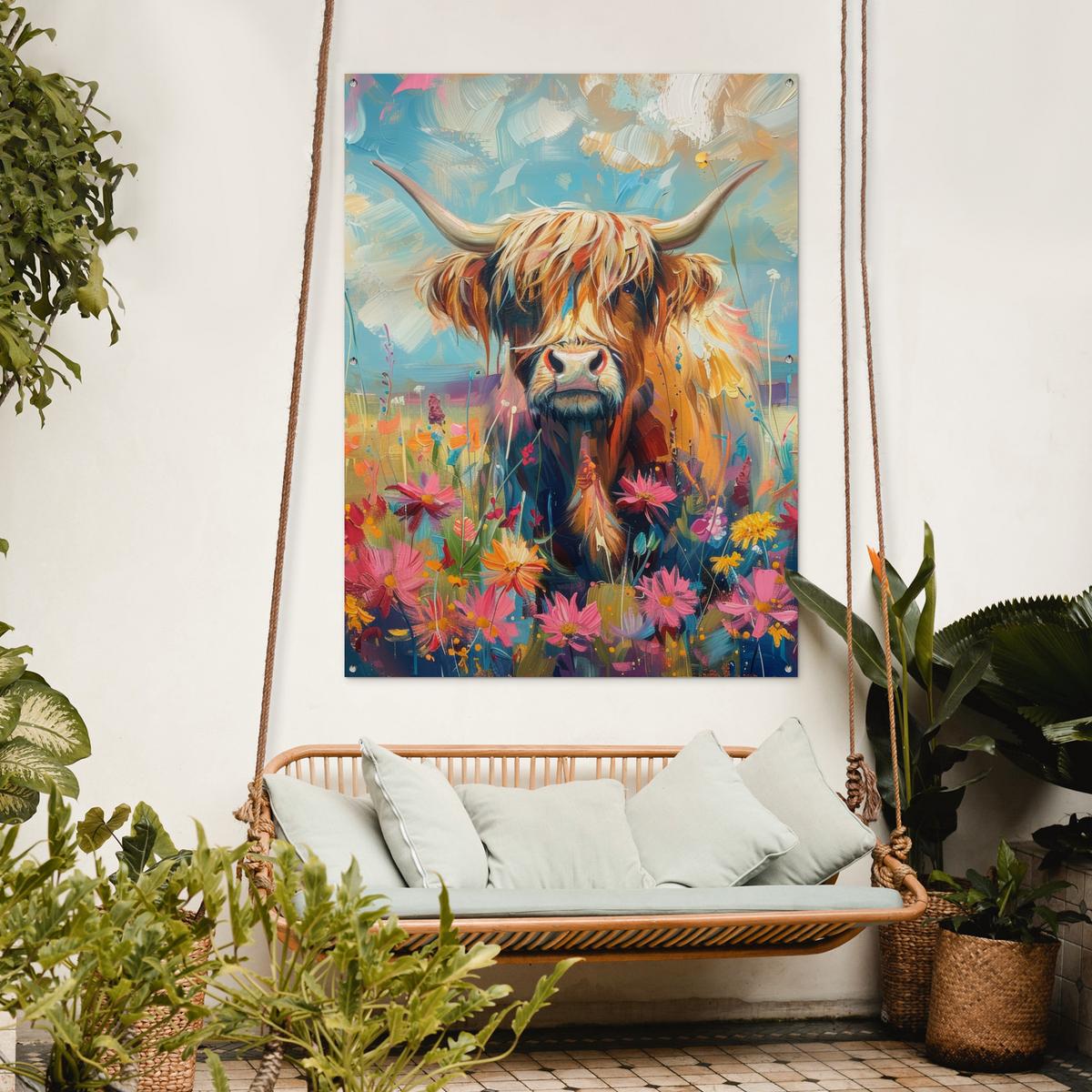 GARTENPOSTER Schottische Hochländer - Natur - Farbenfroh - Blumen Gartendekoration 120x160 cm - Hellblau, Kunststoff (120/160/0.2cm) - OnlyWow