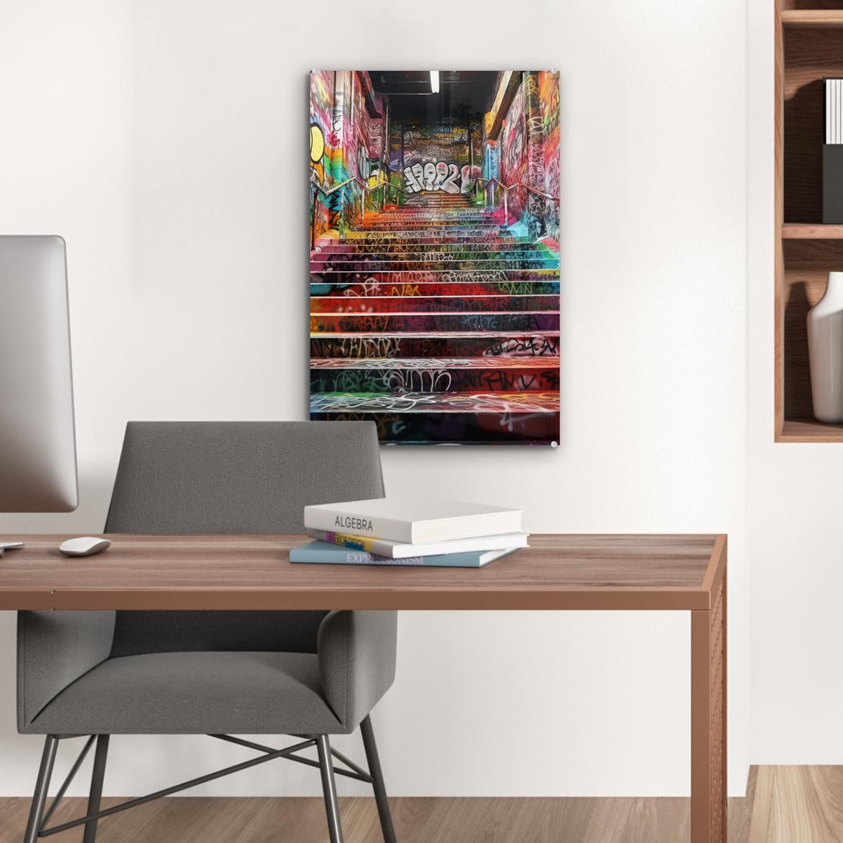 ACRYLGLASBILD Treppe - Graffiti - Farben - Kunst Wanddeko Wohnzimmer 40x60 cm - Multicolor, Glas (40/60cm) - MuchoWow