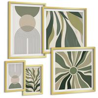 BILDER SET 5er Set - 50x50 cm & 20x30 cm & 40x60 cm Goldrahmen - Bemalte Blätter mit Grün - Goldfarben, Kunststoff (40/60cm) - TULUP