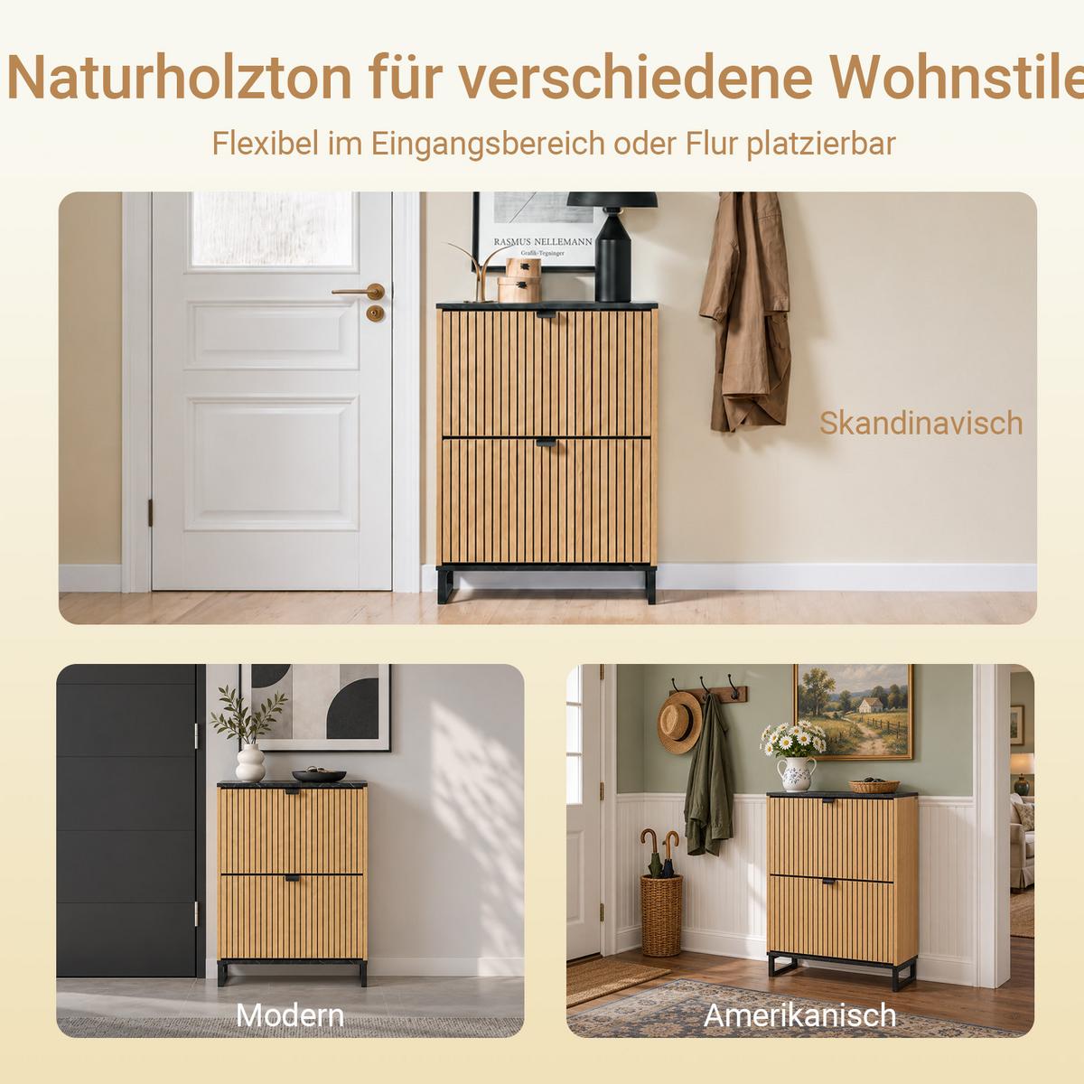 SCHUHSCHRANK mit 2 Klappen, 60 x 88 x 24 cm, Holzoptik, ca. 10 Paar, bis EU 47, Metallfüße, schmal für Flur und Diele - Naturfarben, Holzwerkstoff (60/88/24cm) - SoBuy