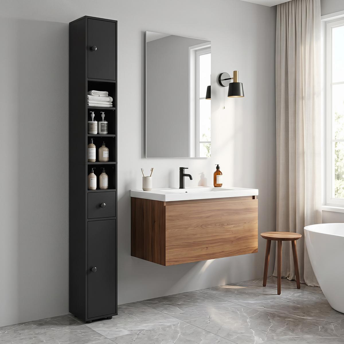BADEZIMMERSCHRANK Spanplatte Schwarz - Schwarz/Grün, Karton/Holzwerkstoff (20/180/20cm) - Kleankin