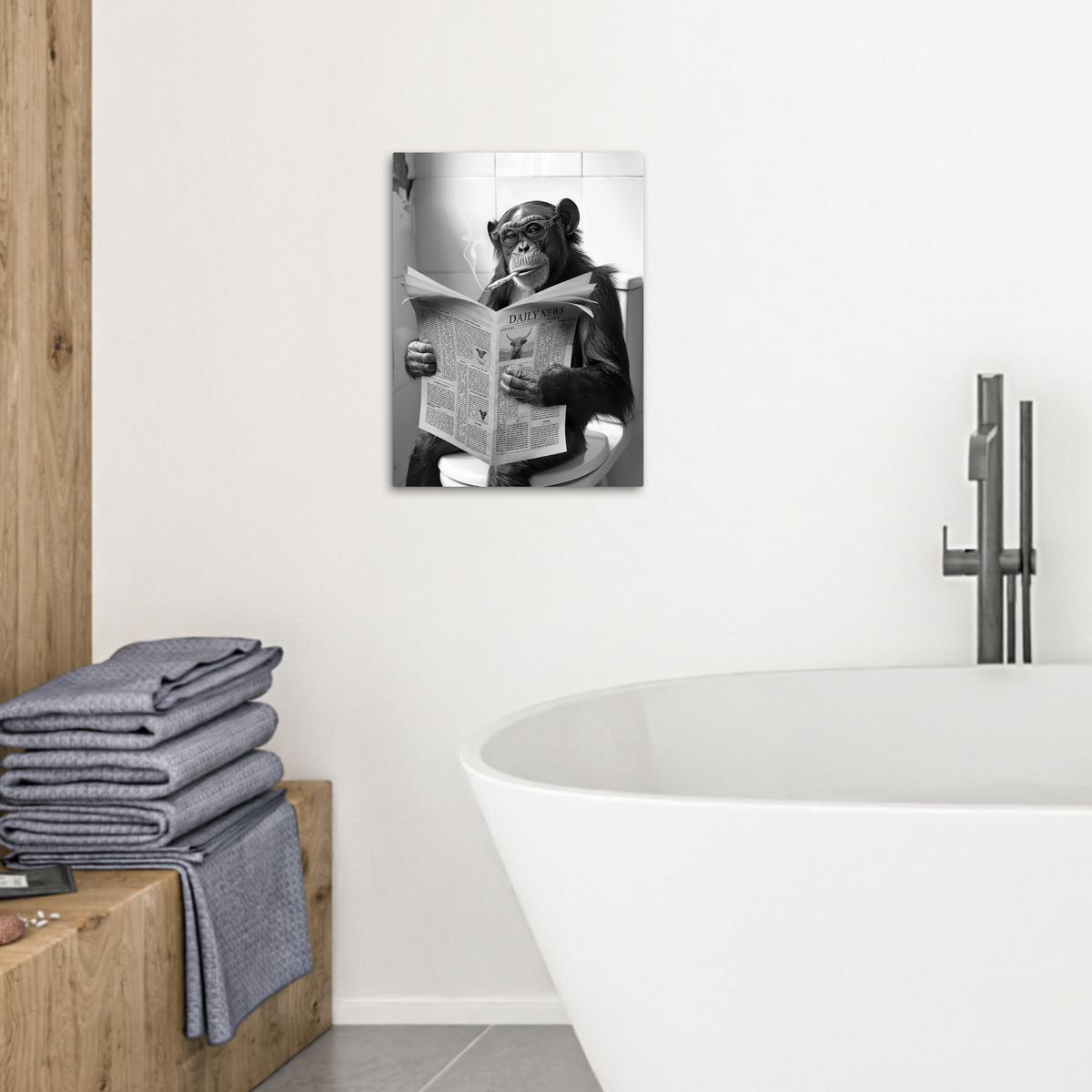 LEINWANDBILD Affe - WC - Zeitung - Schwarz-Weiß - Humor Room Decor 30x40 cm - Hellgrau, Textil (30/40cm) - MuchoWow