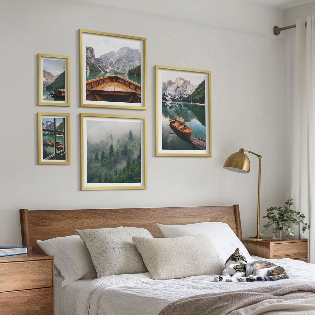 BILDER SET 5er Set - 50x50 cm & 20x30 cm & 40x60 cm Goldrahmen - Straßen, Häuser, Pflanzen, Töpfe - Goldfarben, Kunststoff (40/60cm) - TULUP