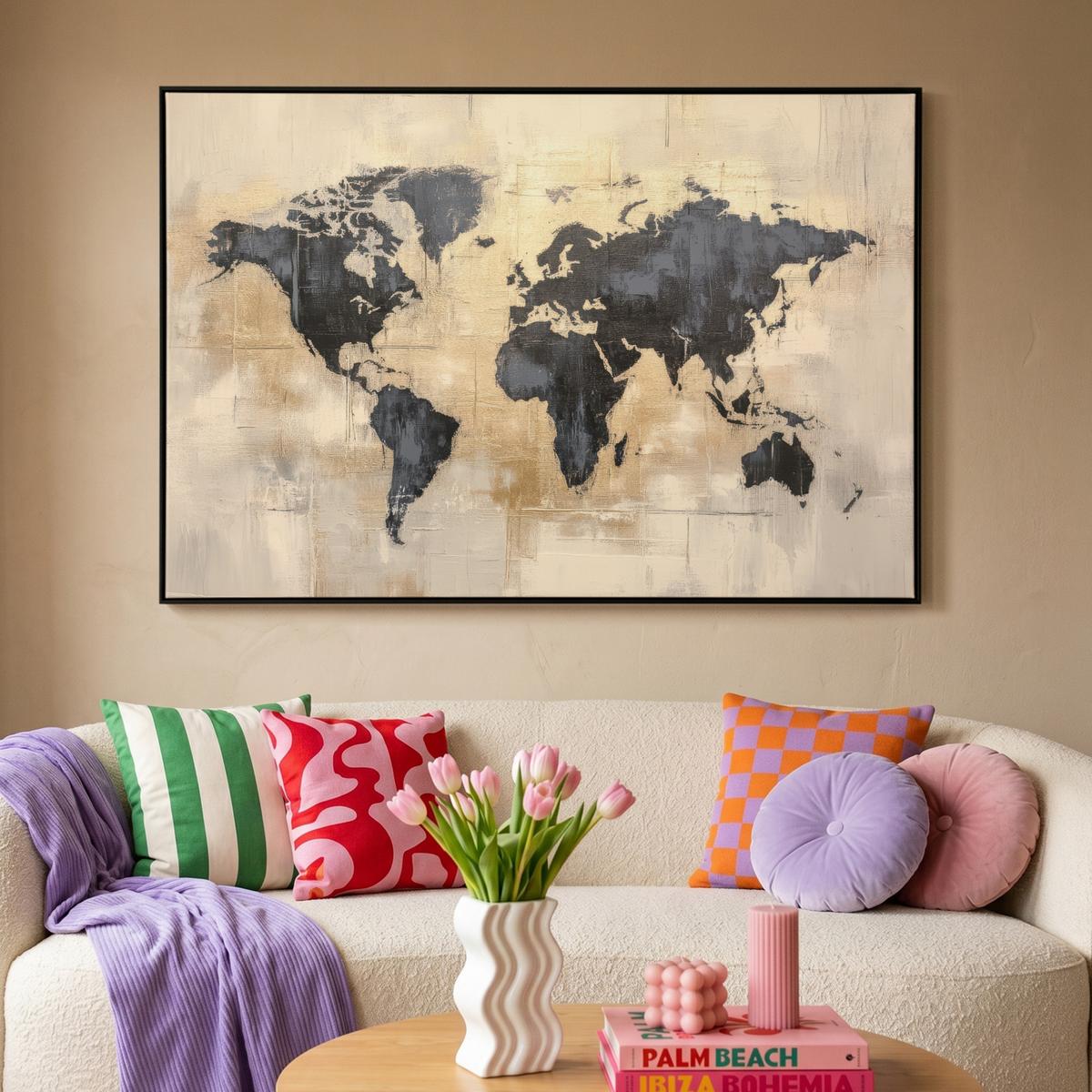LEINWAND Bilder mit Rahmen - Weltkarte - Gold - Schwarz - Abstrakt - 120x80 - Kupferfarben, Textil (120/80cm) - MuchoWow
