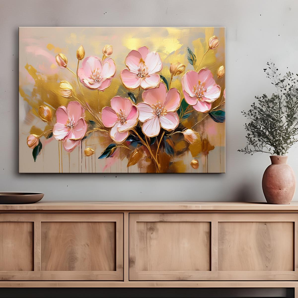 WANDBILD abstrakte blumen rosa glamour gold - Pink, Textil (60/40cm) - Feeby