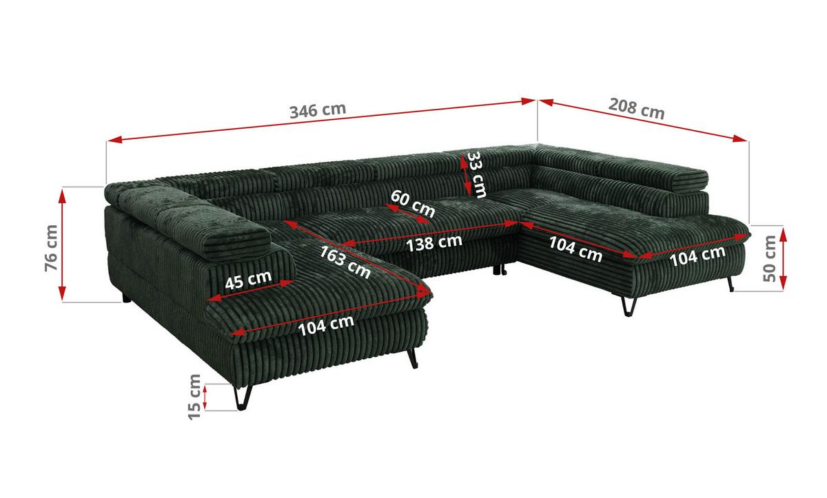 WOHNLANDSCHAFT PABLO U Cord Dunkelgrün - Schwarz/Grün, Textil/Metall (346/76/208cm) - MKS