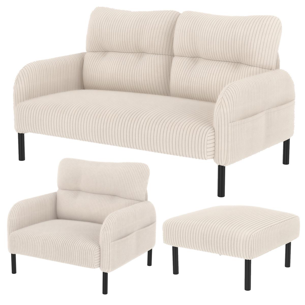 SITZGARNITUR 3-teiliges mit Hocker und Seitentasche - Beige, Textil (120/79/75cm) - Urban Meuble