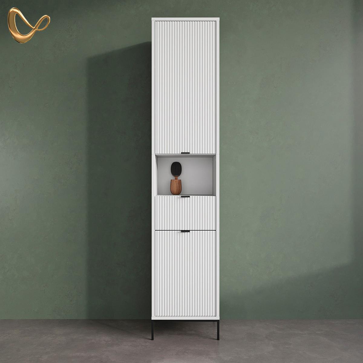 BADSCHRANK ATERNO Weiß 40 x 190 cm mit Türen, und Schublade - Weiß, Holzwerkstoff (40/190/35cm) - Livinity®