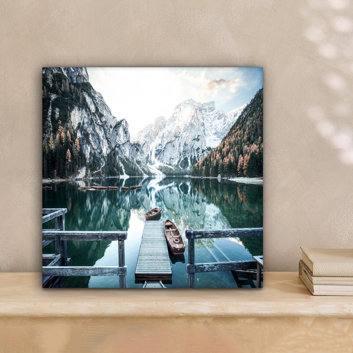 LEINWANDBILD Natur - Berge - Schnee - Wald - Boot Deko Wohnzimmer 20x20 cm - Hellgrün, Textil (20/20cm) - MuchoWow