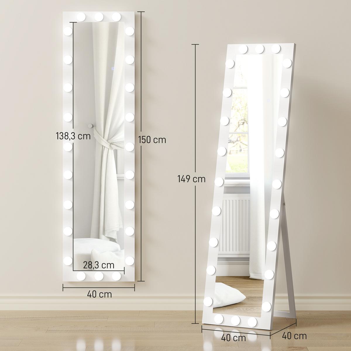 GANZKÖRPERSPIEGEL 150x40 cm LED Standspiegel mit 24 Glühbirnen 3 Lichtfarbe - Weiß, Glas/Holzwerkstoff (4/150/40cm) - HOMCOM