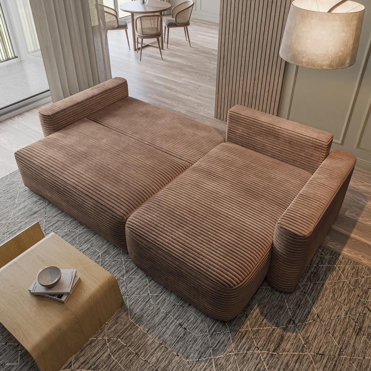 ECKSOFA NERI T Beige Kordstoff mit Schlaffunktion - Beige, Holzwerkstoff/Textil (280/157cm) - MASSENO