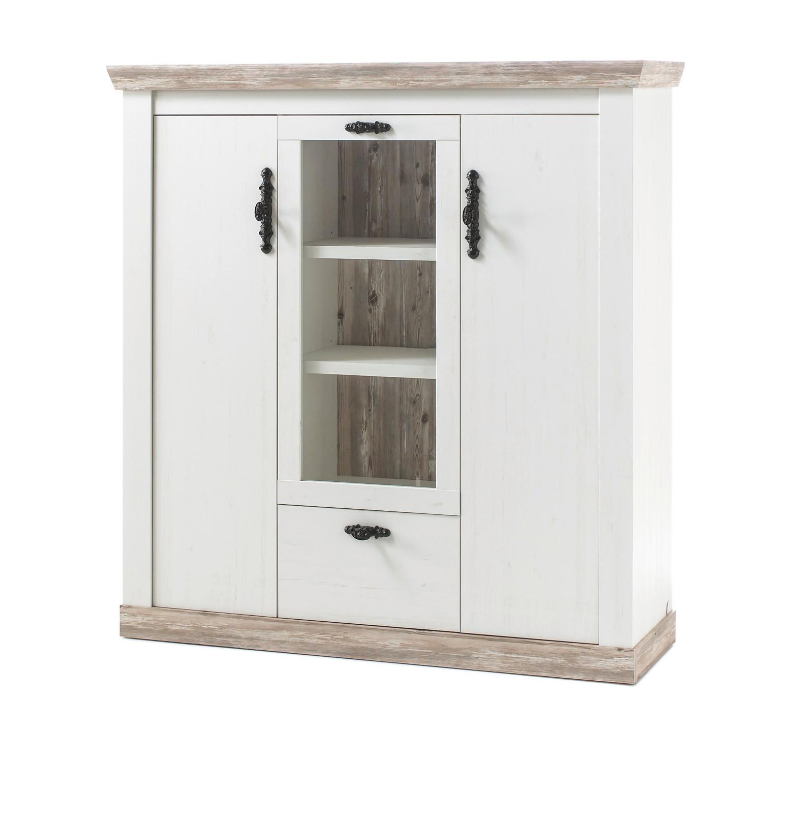 HIGHBOARD Pinie weiß, Oslo Pinie Landhaus, Kommode, 140 x 146 cm - Anthrazit/Weiß, Holzwerkstoff/Metall (140/146/44cm) - Furn.Design