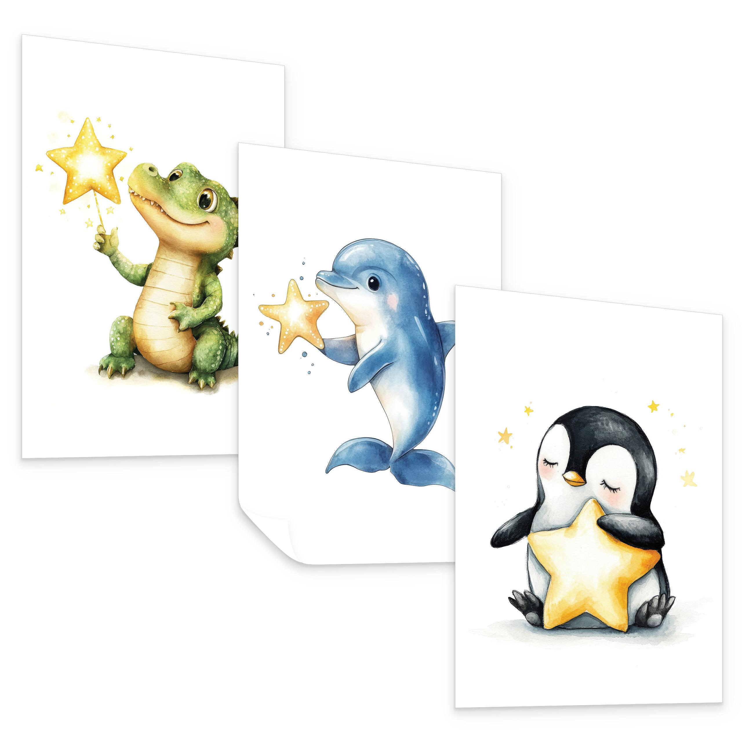 POSTER SET für Kinderzimmer TIERE Sterne Krokodil Delfin Pinguin A3 30x42cm - Gelb/Schwarz, Papier (30/42/1cm) - Muralo