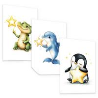 POSTER SET für Kinderzimmer TIERE Sterne Krokodil Delfin Pinguin A3 30x42cm - Gelb/Schwarz, Papier (30/42/1cm) - Muralo