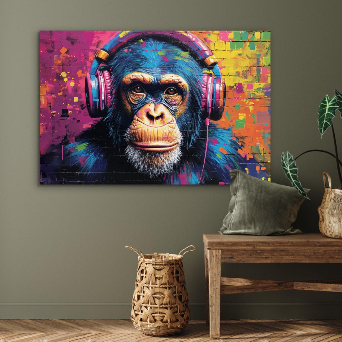 METALLBILD Graffiti - Schimpanse - Straßenkunst - Kopfhörer - Affe Wanddeko 90x60 cm - Blau, Metall (90/60cm) - MuchoWow