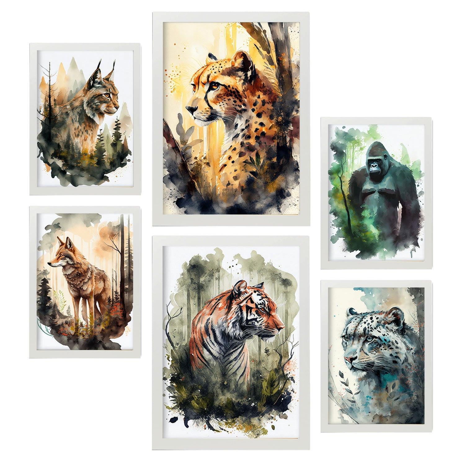 POSTER Set Mit 6 Katzen Illustrationen Von Tieren In Naturlandschaften, Realistischer Aquarellstil Innenarchitektur A3 & A4 Weißer Rahmen - Weiß, Papier (29/3cm) - Nacnic