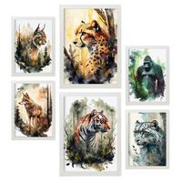 POSTER Set Mit 6 Katzen Illustrationen Von Tieren In Naturlandschaften, Realistischer Aquarellstil Innenarchitektur A3 & A4 Weißer Rahmen - Weiß, Papier (29/3cm) - Nacnic