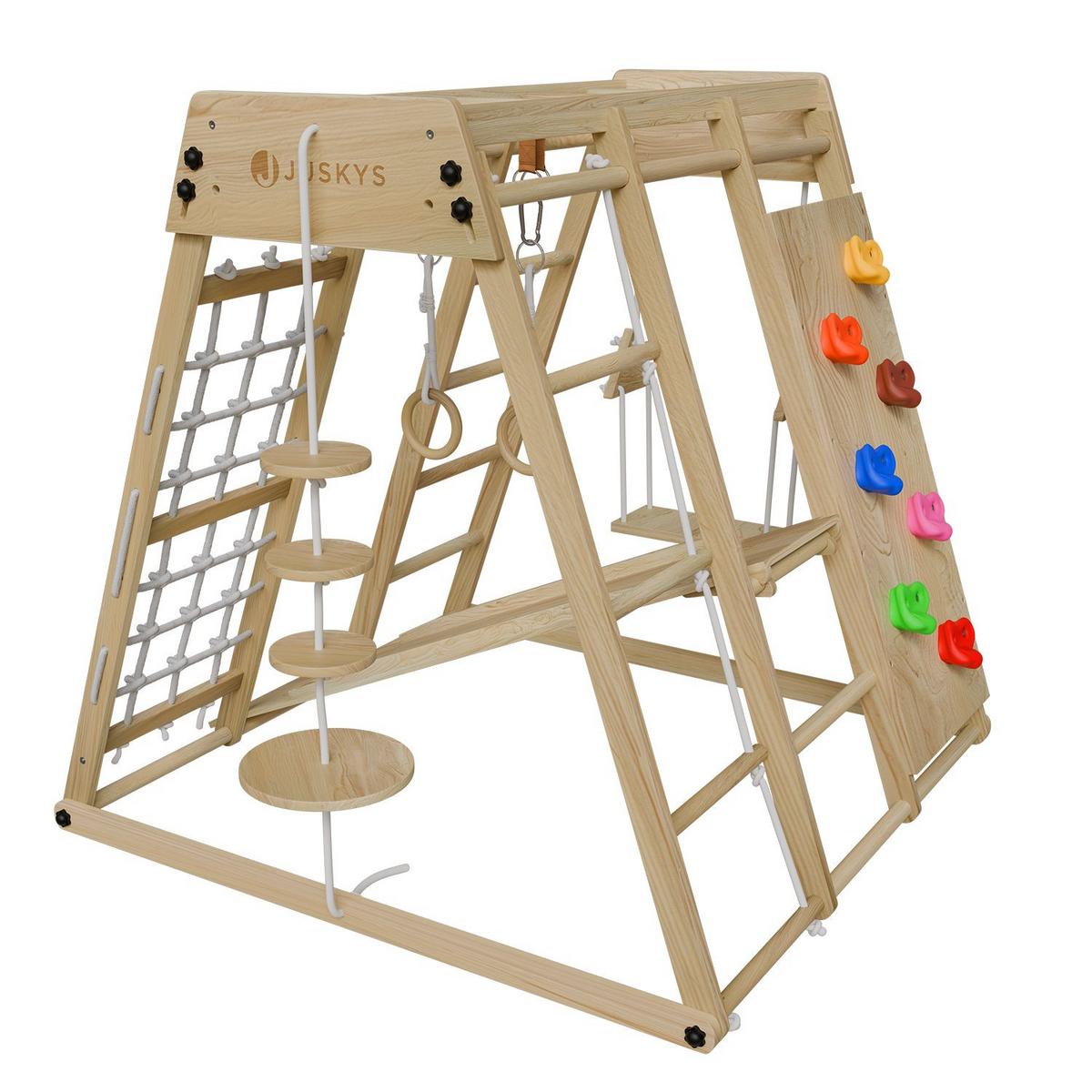 KLETTERGERÜST MAXI für Kinder mit Rutsche - Naturfarben, Holz (119/124cm) - Juskys