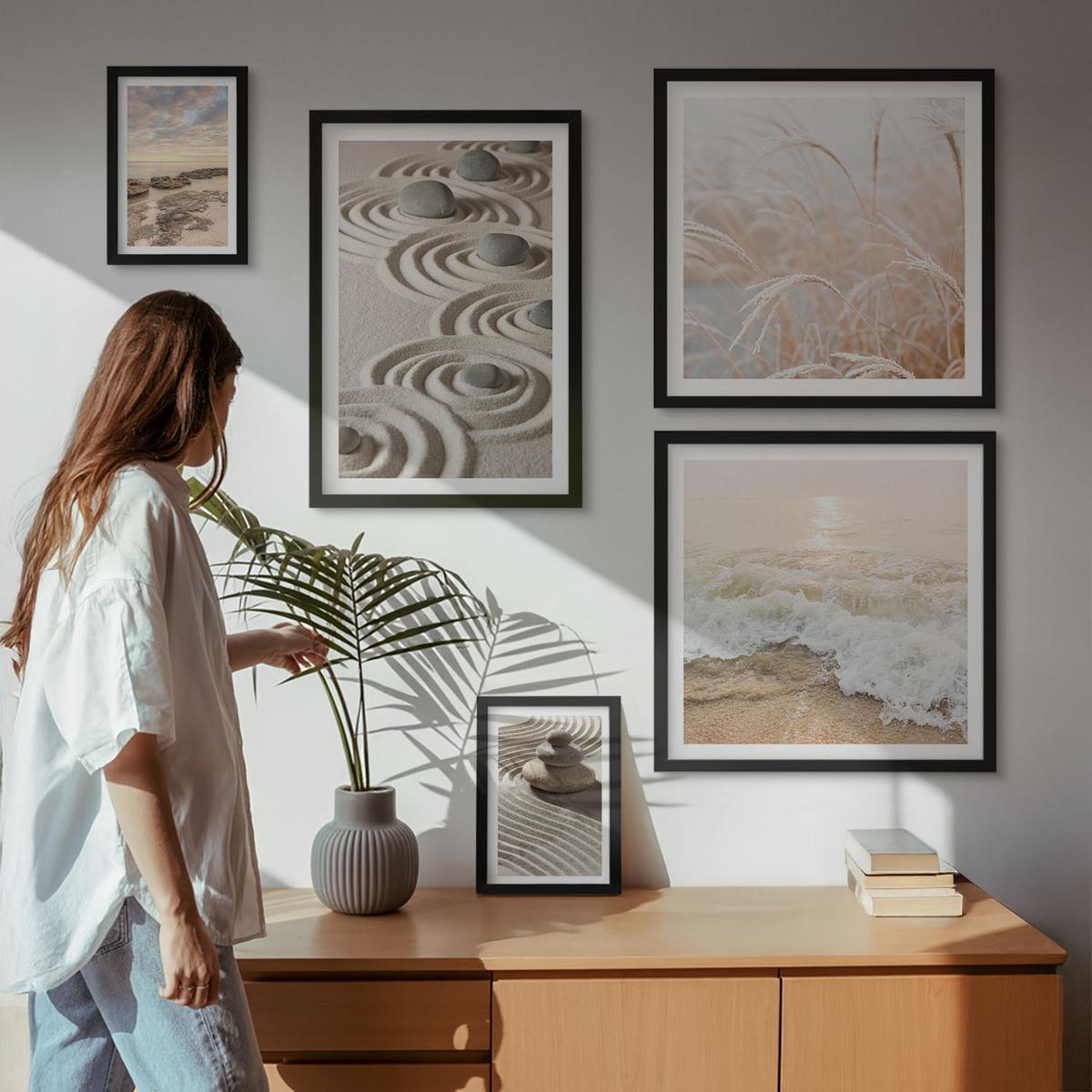 BILDER SET 5er Set - 50x50 cm & 20x30 cm & 40x60 cm Schwarzer Rahmen - Blumen im Wasser des Buddha-Wasserfalls - Schwarz, Kunststoff (40/60cm) - TULUP