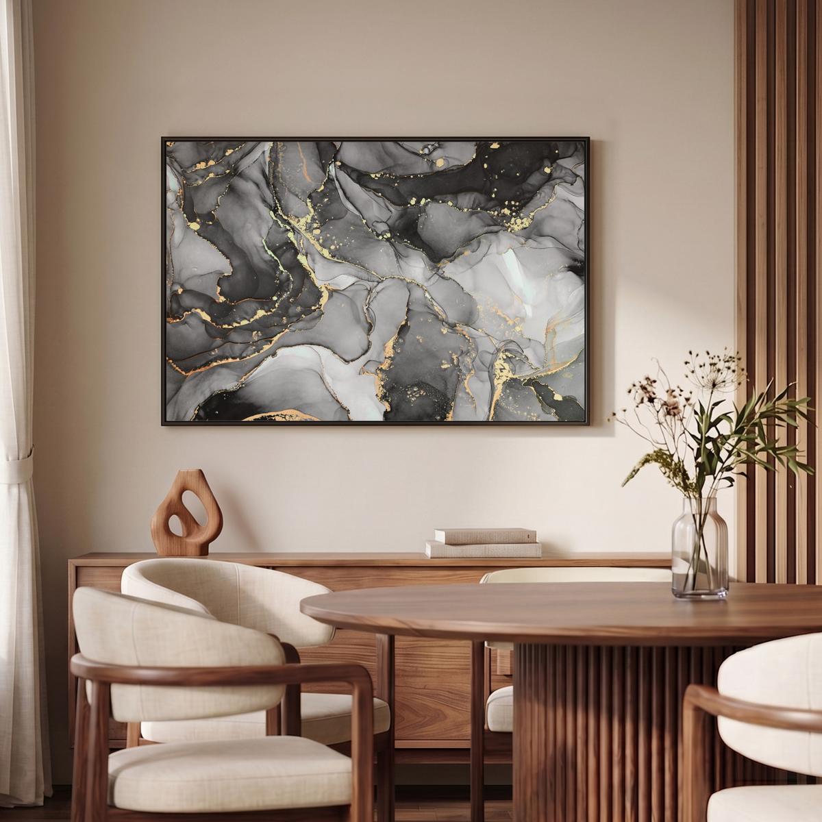 LEINWAND Bilder mit Rahmen - Grau - Luxus - Gold - Marmor - 90x60 - Dunkelgrau, Textil (90/60cm) - MuchoWow