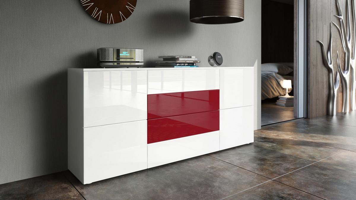 SIDEBOARD Rova Weiß Hochglanz / Bordeaux Hochglanz - Weiß Hochglanz/Rot, Holzwerkstoff (166/72/35cm) - Vladon