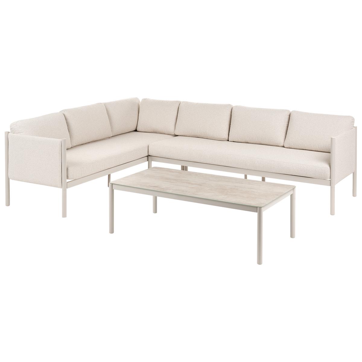 GARTEN Ecksofa mit Tisch 5-Sitzer Metall Hellbeige rechtsseitig Tonara - Beige, Metall - Beliani